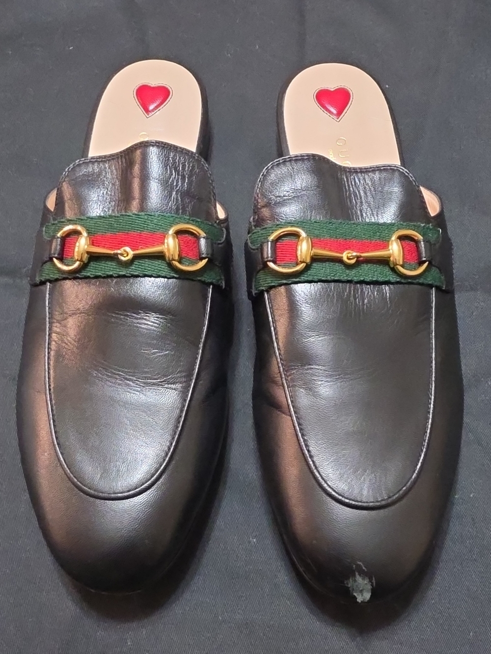 Gucci Black Leather Horsebit Slip-On Mules with Red & Green Web